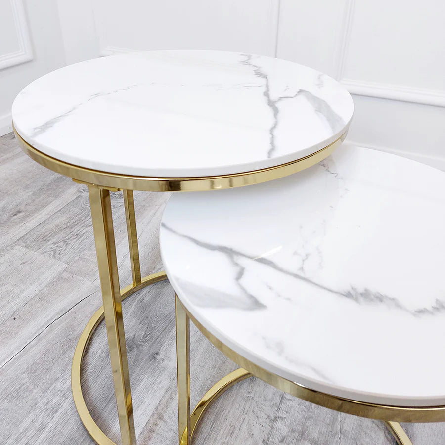 Nest of 2 Tall Gold End Tables with Ice White Sintered Stone Tops