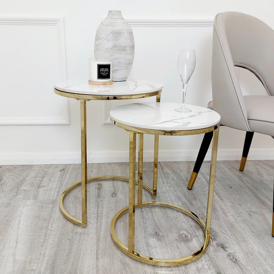 Nest of 2 Tall Gold End Tables with Ice White Sintered Stone Tops