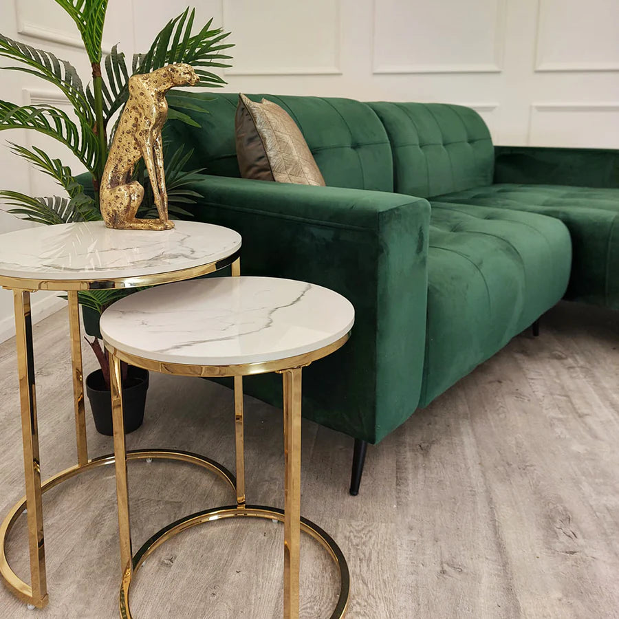 Nest of 2 Tall Gold End Tables with Ice White Sintered Stone Tops