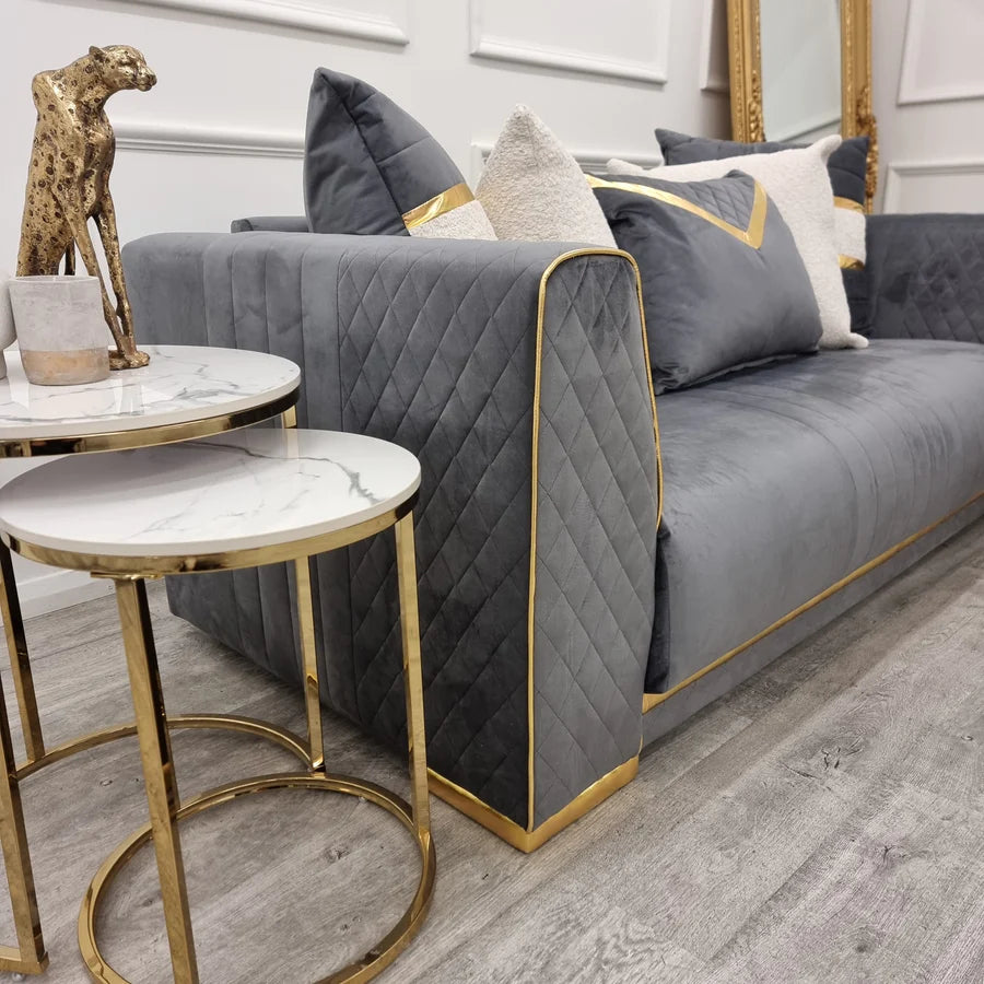 Nest of 2 Tall Gold End Tables with Ice White Sintered Stone Tops