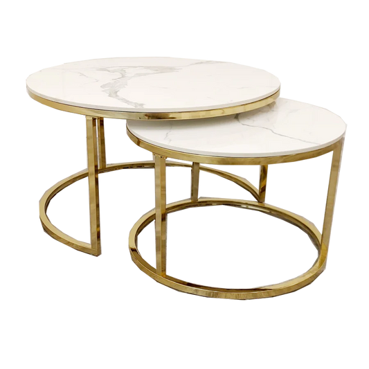 Nest of 2 Short Gold End Tables with Ice White Sintered Stone Tops