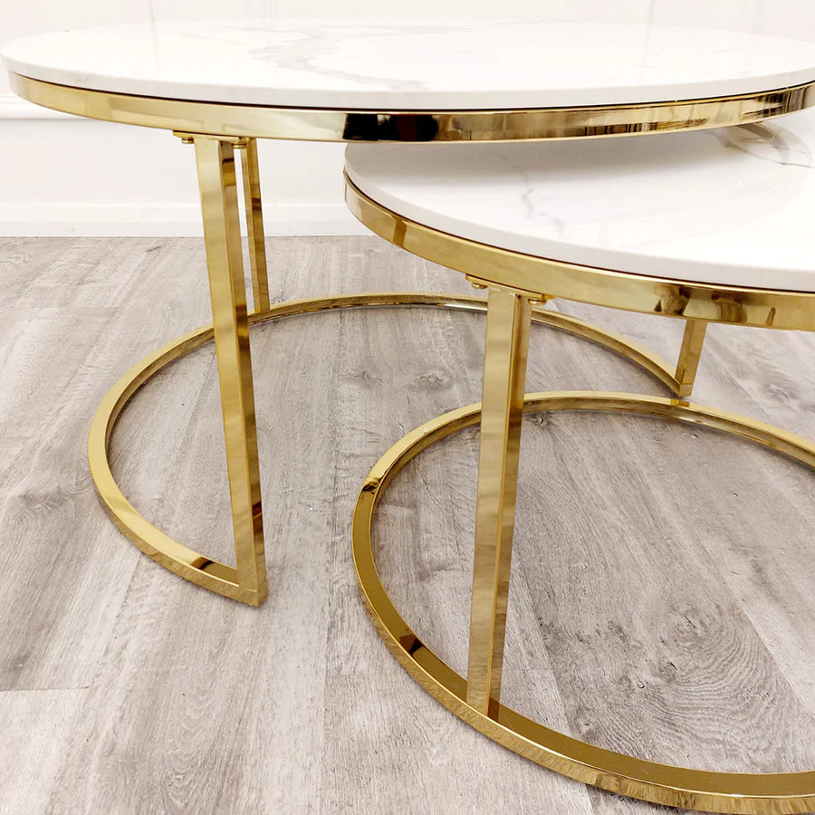 Nest of 2 Short Gold End Tables with Ice White Sintered Stone Tops