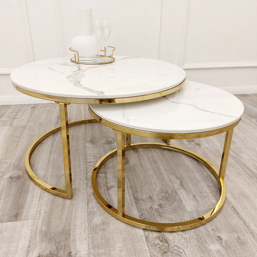 Nest of 2 Short Gold End Tables with Ice White Sintered Stone Tops