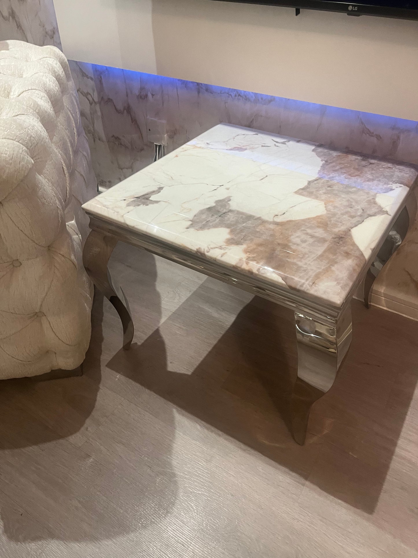 Louis Cream Side Table With Chrome Legs And Pandora Marble Top (60cm x 60cm)