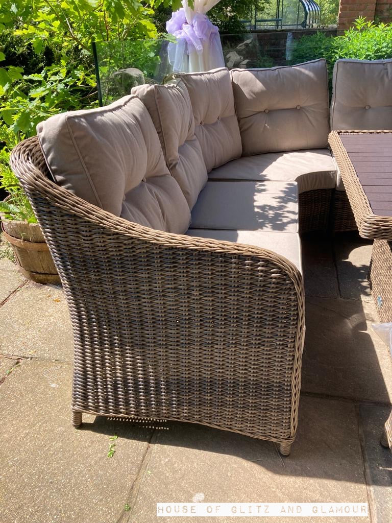 Kensington Brown Rattan Corner Sofa Garden Set With Rising Coffee To Dining Table