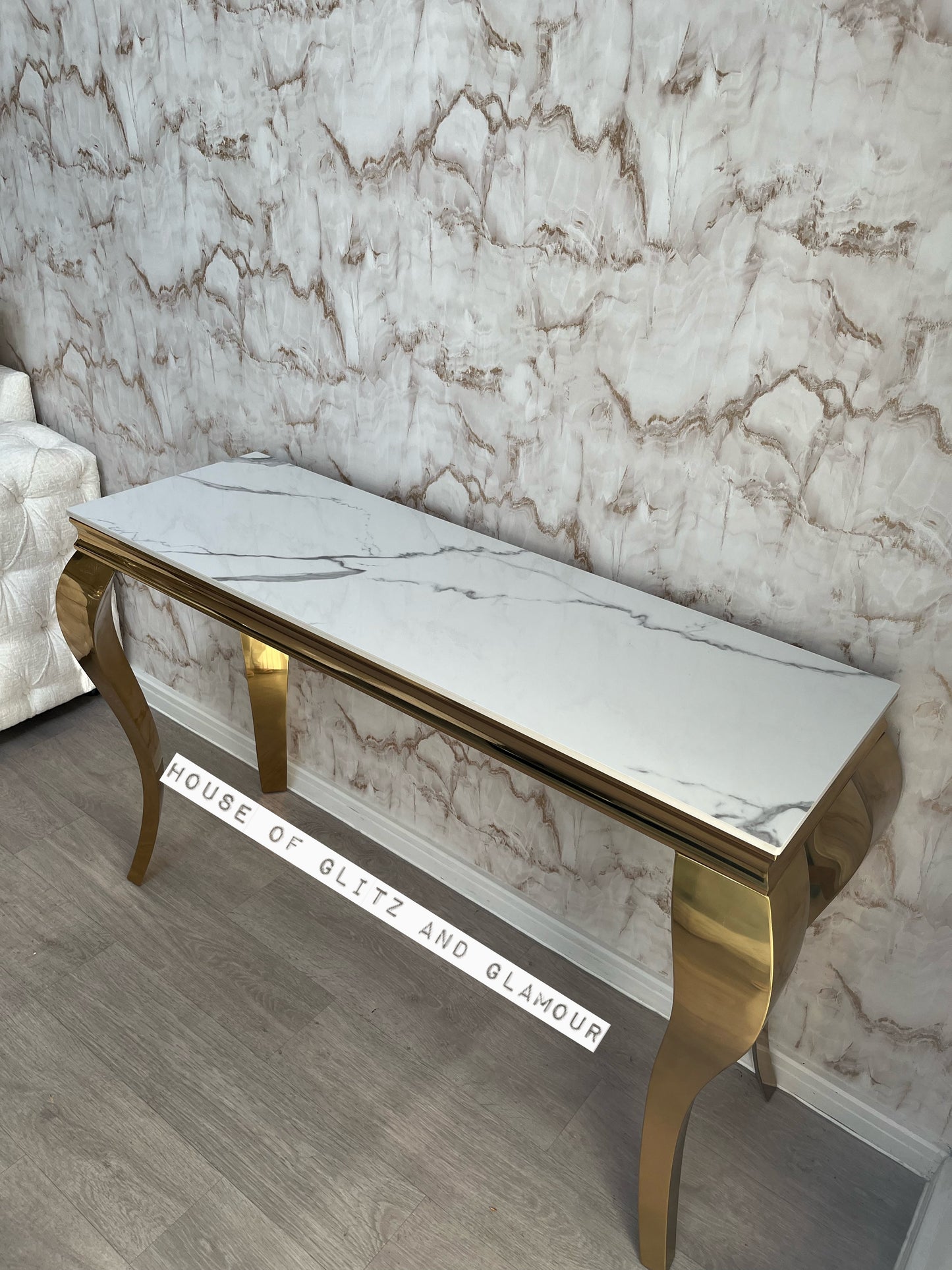 Louis Ice White Glass & Gold Legs Console Table 140cm x 40cm x 75cm