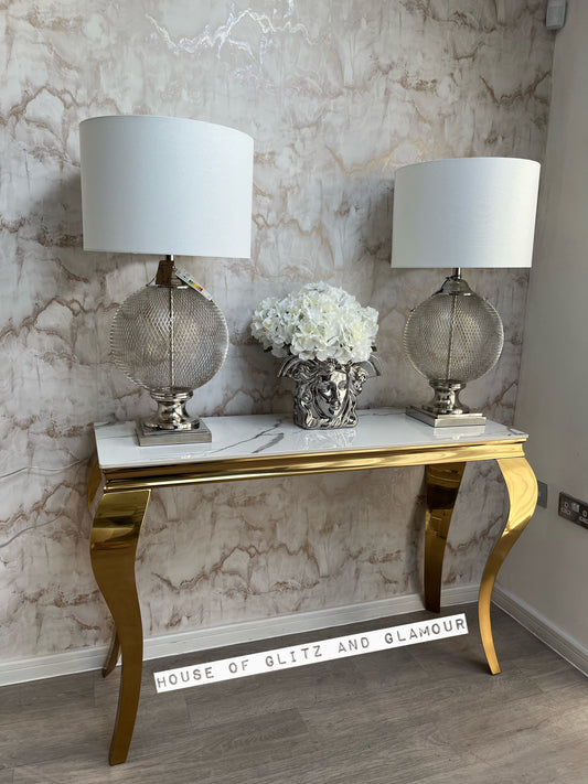 Louis Ice White Glass & Gold Legs Console Table 140cm x 40cm x 75cm