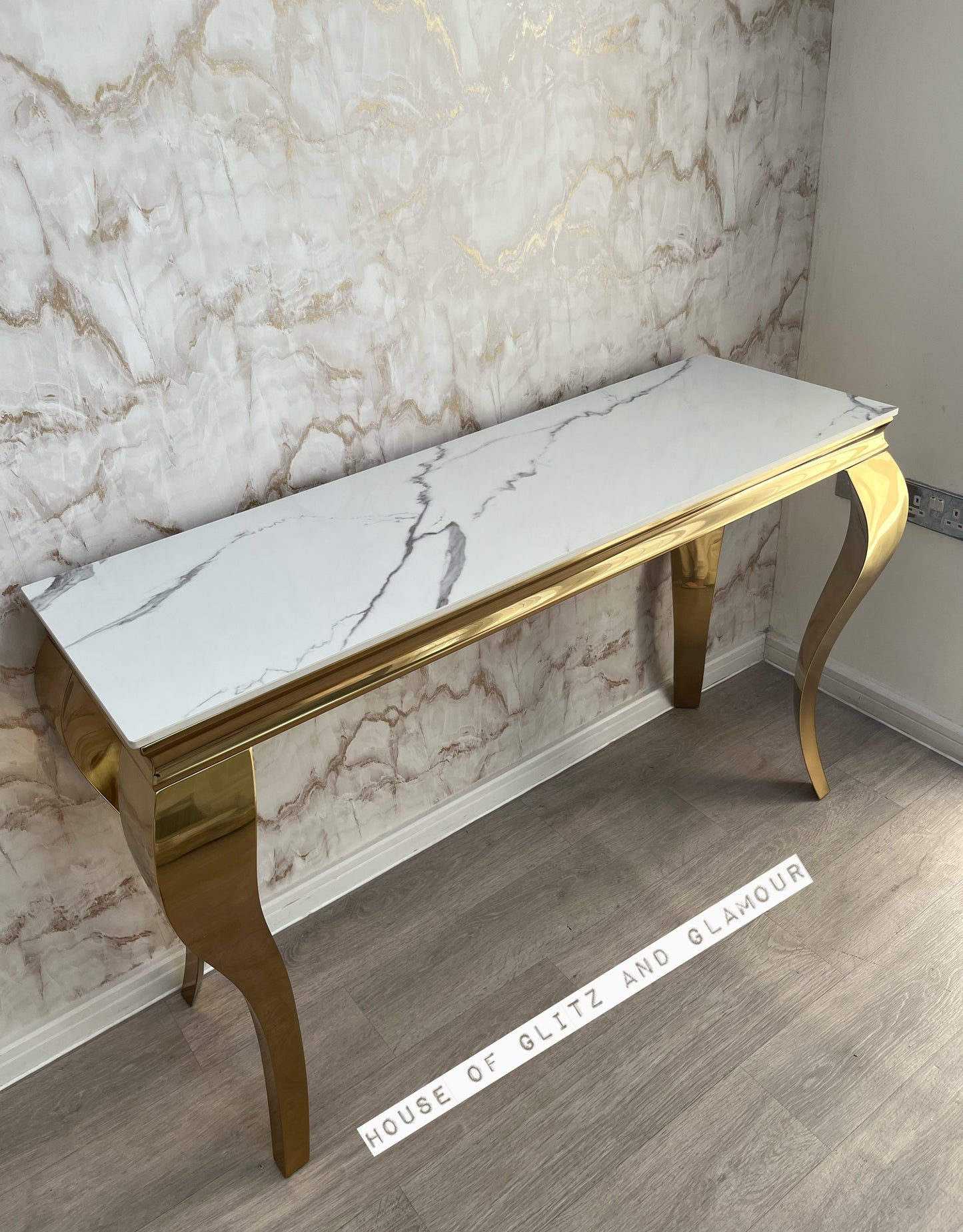 Louis Ice White Glass & Gold Legs Console Table 140cm x 40cm x 75cm