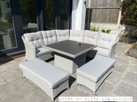 Kensington Grey Rattan Corner Sofa Garden Set With Rising Coffee To Dining Table