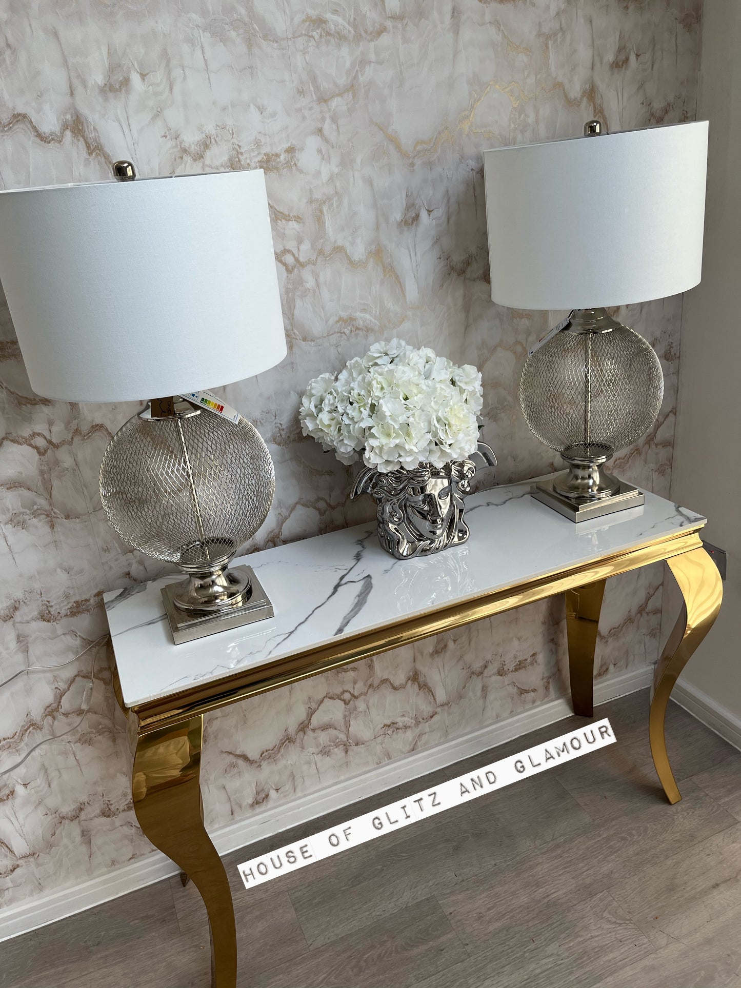 Louis Ice White Glass & Gold Legs Console Table 140cm x 40cm x 75cm