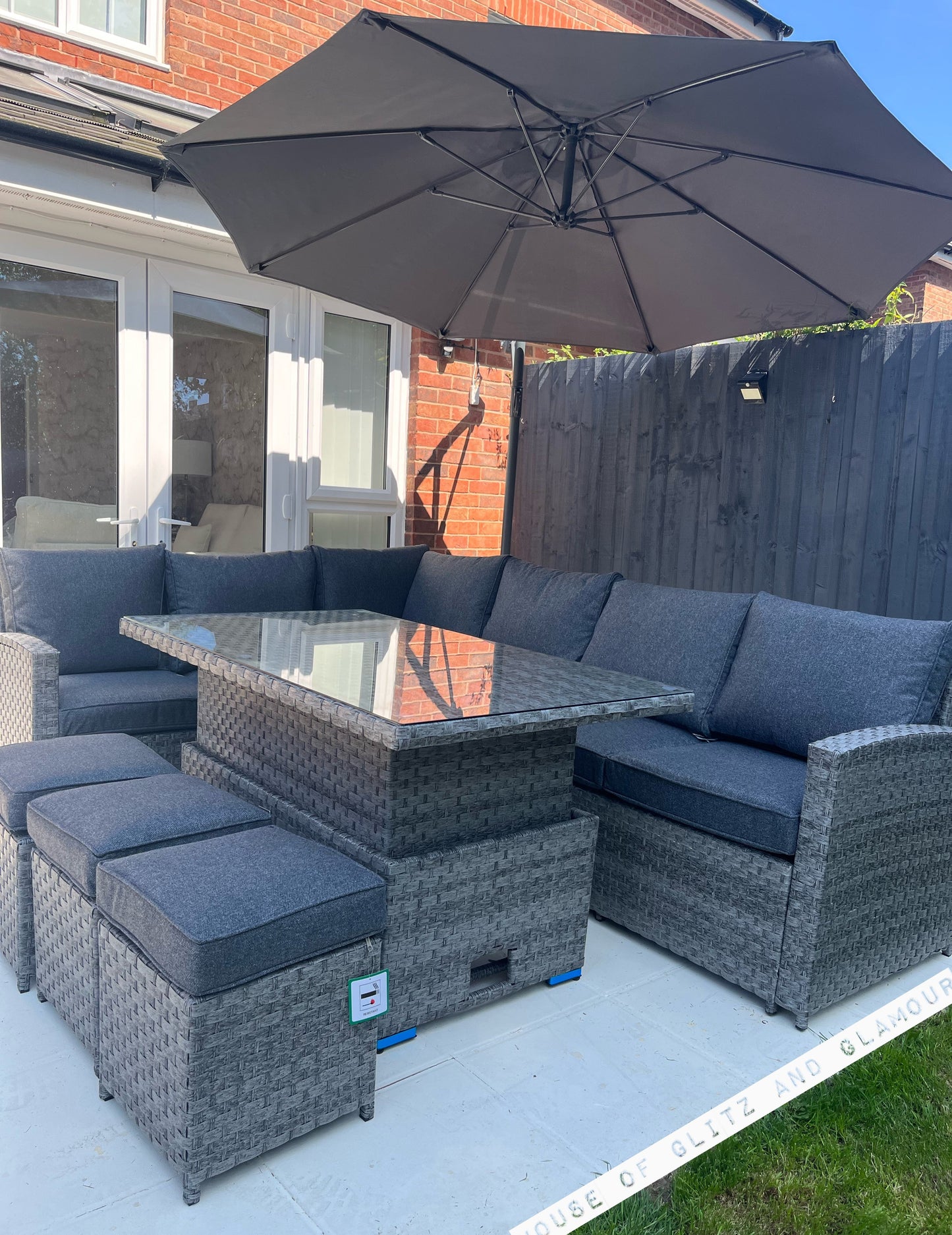 Mayfair Rattan Garden Set With Corner Sofa, Rising Coffee To Dining Table & 3 Stools