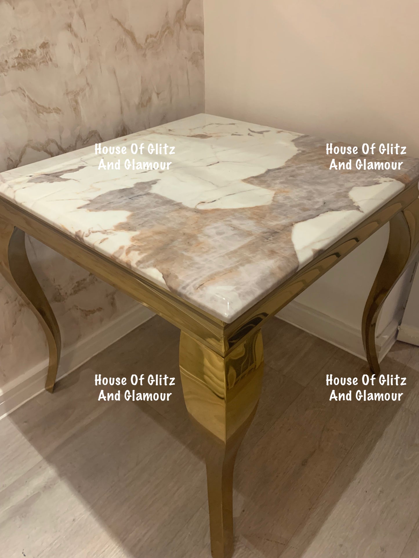 Louis Cream Side Table With Gold Legs And Pandora Marble Top (60cm x 60cm)