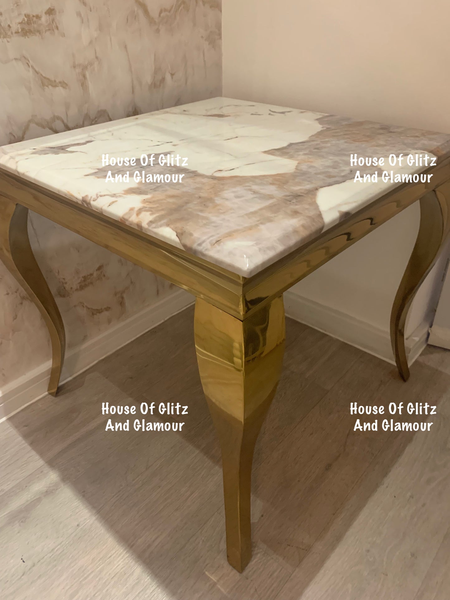 Louis Cream Side Table With Gold Legs And Pandora Marble Top (60cm x 60cm)