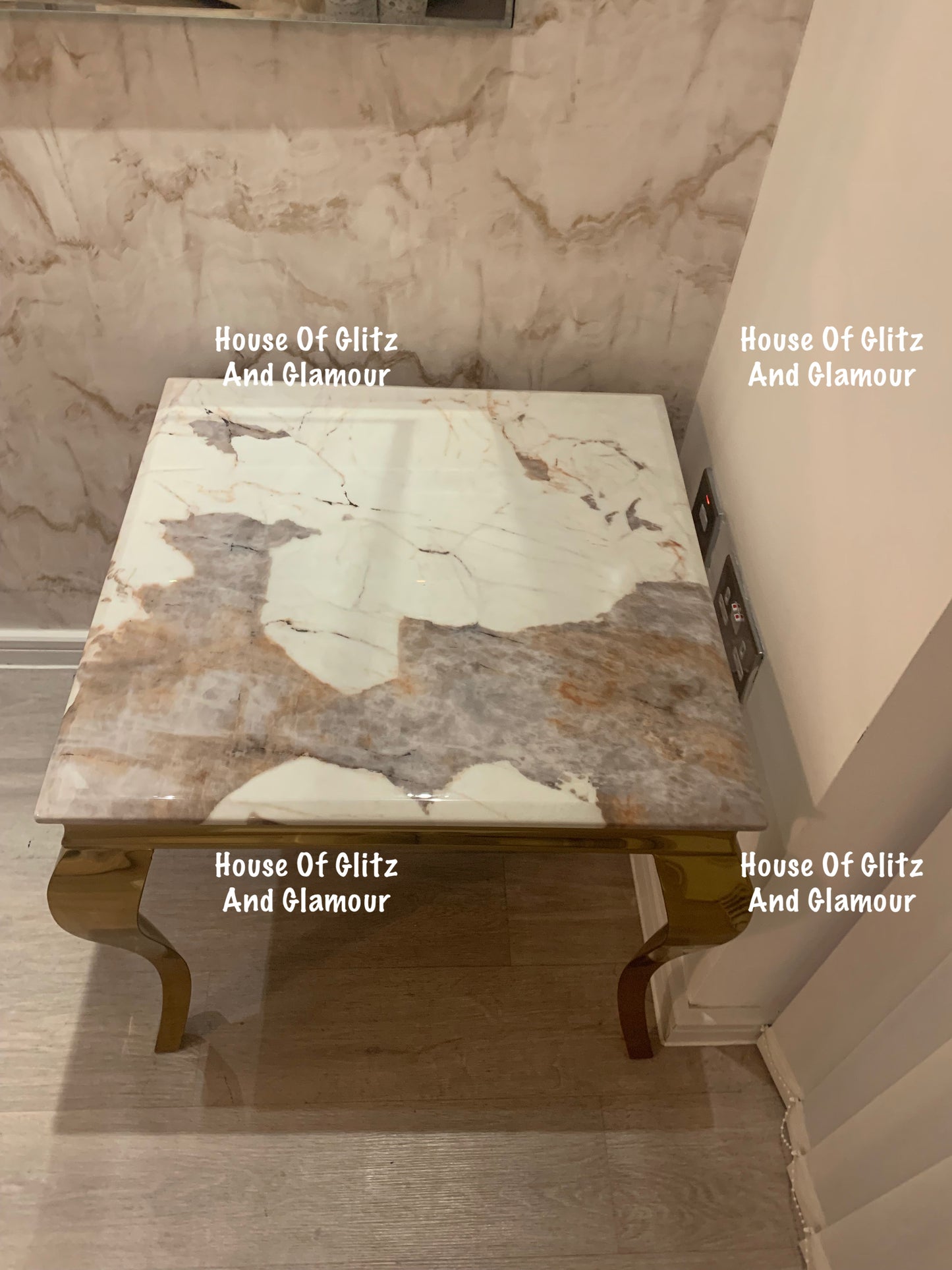 Louis Cream Side Table With Gold Legs And Pandora Marble Top (60cm x 60cm)