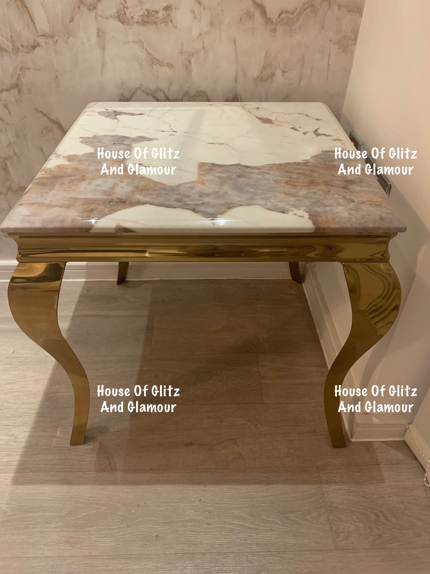 Louis Cream Side Table With Gold Legs And Pandora Marble Top (60cm x 60cm)