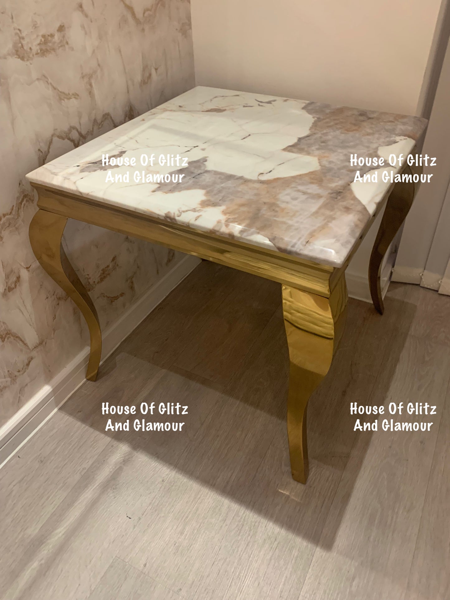 Louis Cream Side Table With Gold Legs And Pandora Marble Top (60cm x 60cm)