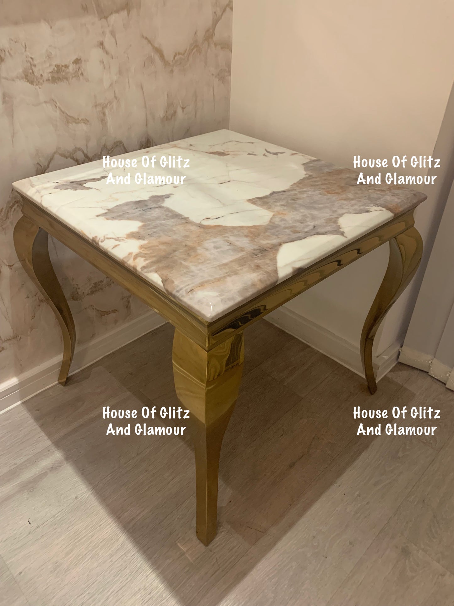 Louis Cream Side Table With Gold Legs And Pandora Marble Top (60cm x 60cm)