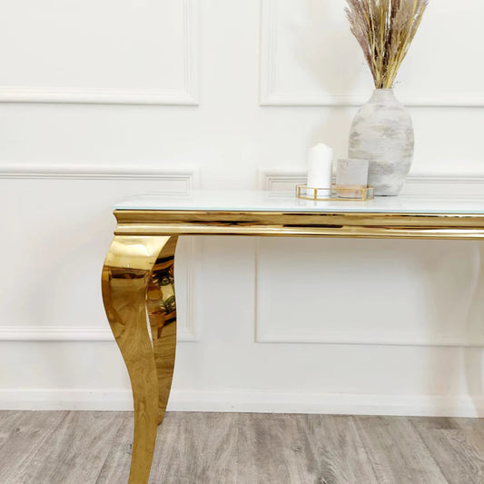 Louis White Glass & Gold Legs Console Table 140cm x 40cm x 75cm