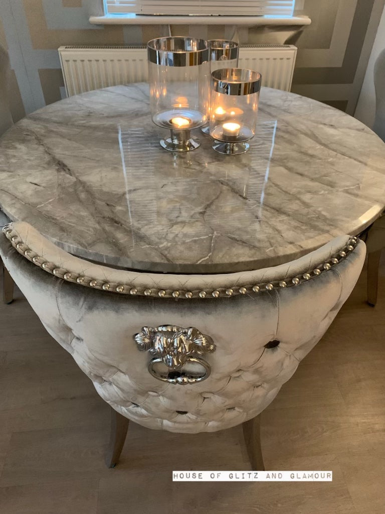 Arianna Round Marble Dining Table 1.3 Metre + 4 Silver Winged Knocker BK Chairs