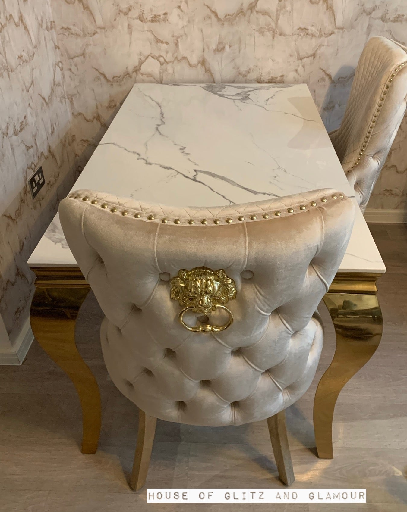 Louis Ice White And Grey Dining Table With Gold Legs Sintered  Top + 4 Cream Giselle Dining Chairs