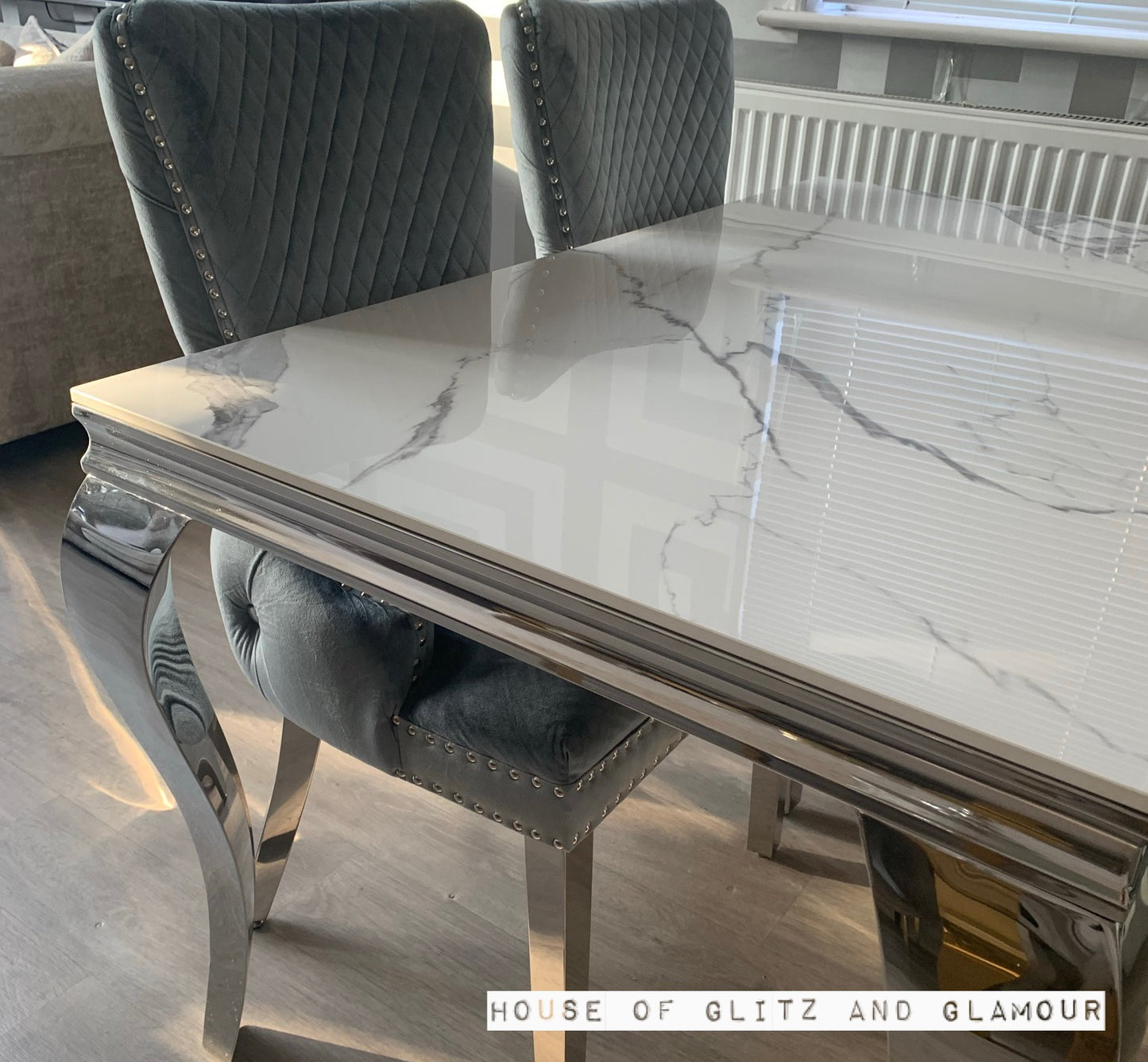 Louis Ice White And Silver Dining Table With Chrome Legs And Sintered Top