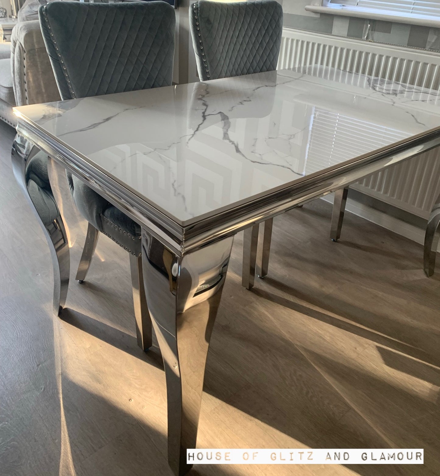 Louis Ice White And Silver Dining Table With Chrome Legs And Sintered Top