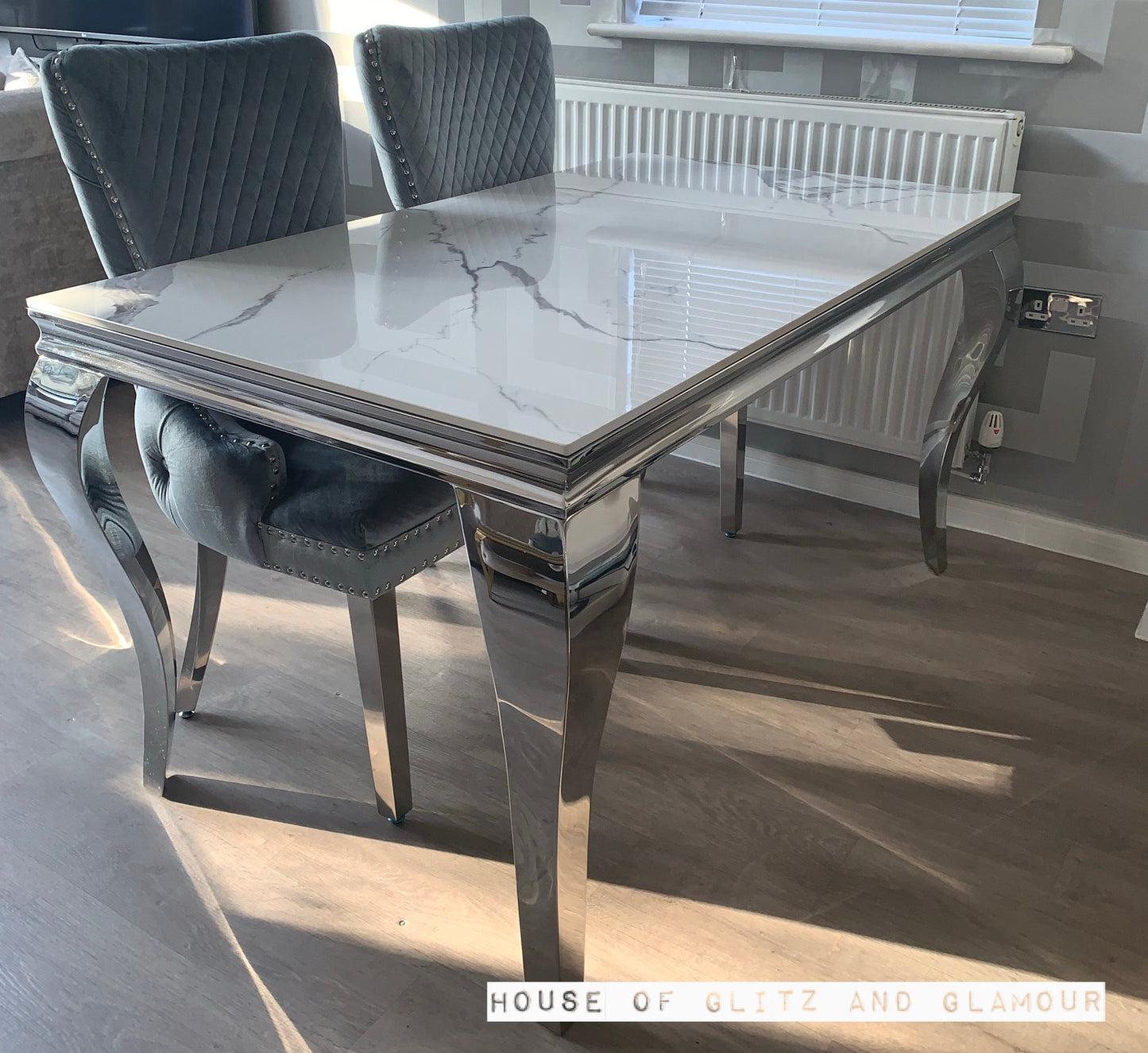 Louis Ice White And Silver Dining Table With Chrome Legs And Sintered Top