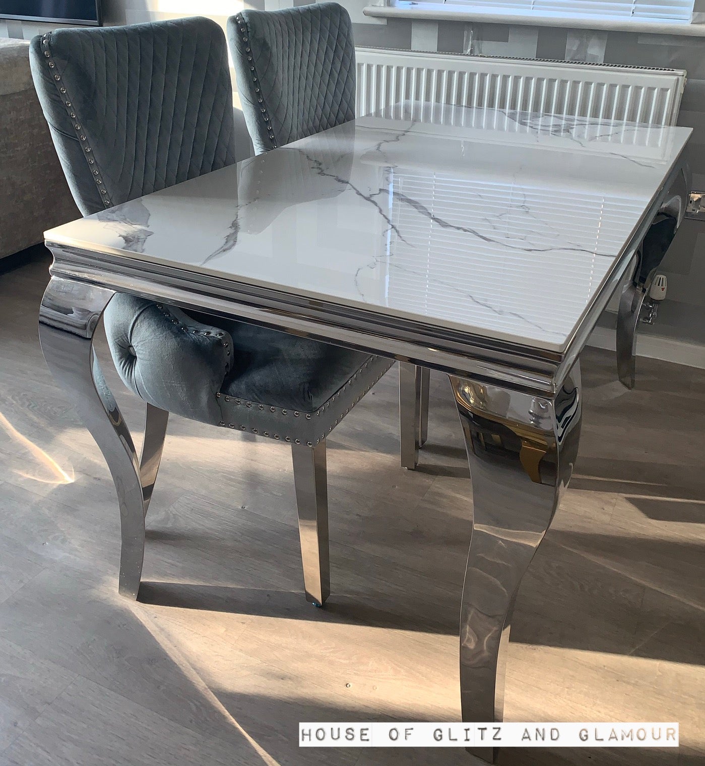 Louis Ice White And Silver Dining Table With Chrome Legs And Sintered Top