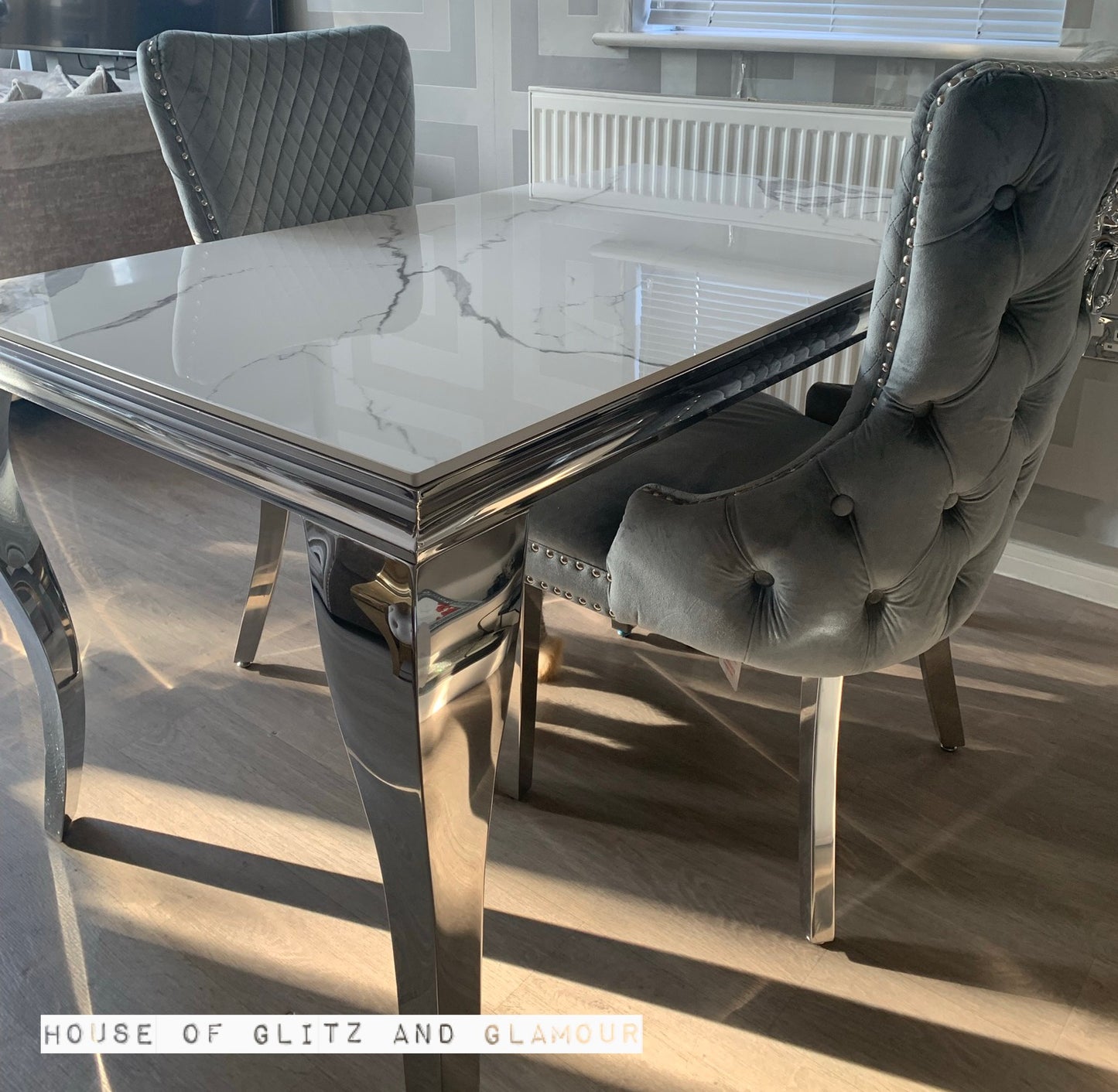 Louis Ice White And Silver Dining Table With Chrome Legs And Sintered Top