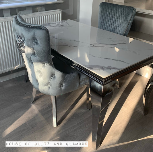 Louis Ice White And Silver Dining Table With Chrome Legs And Sintered Top