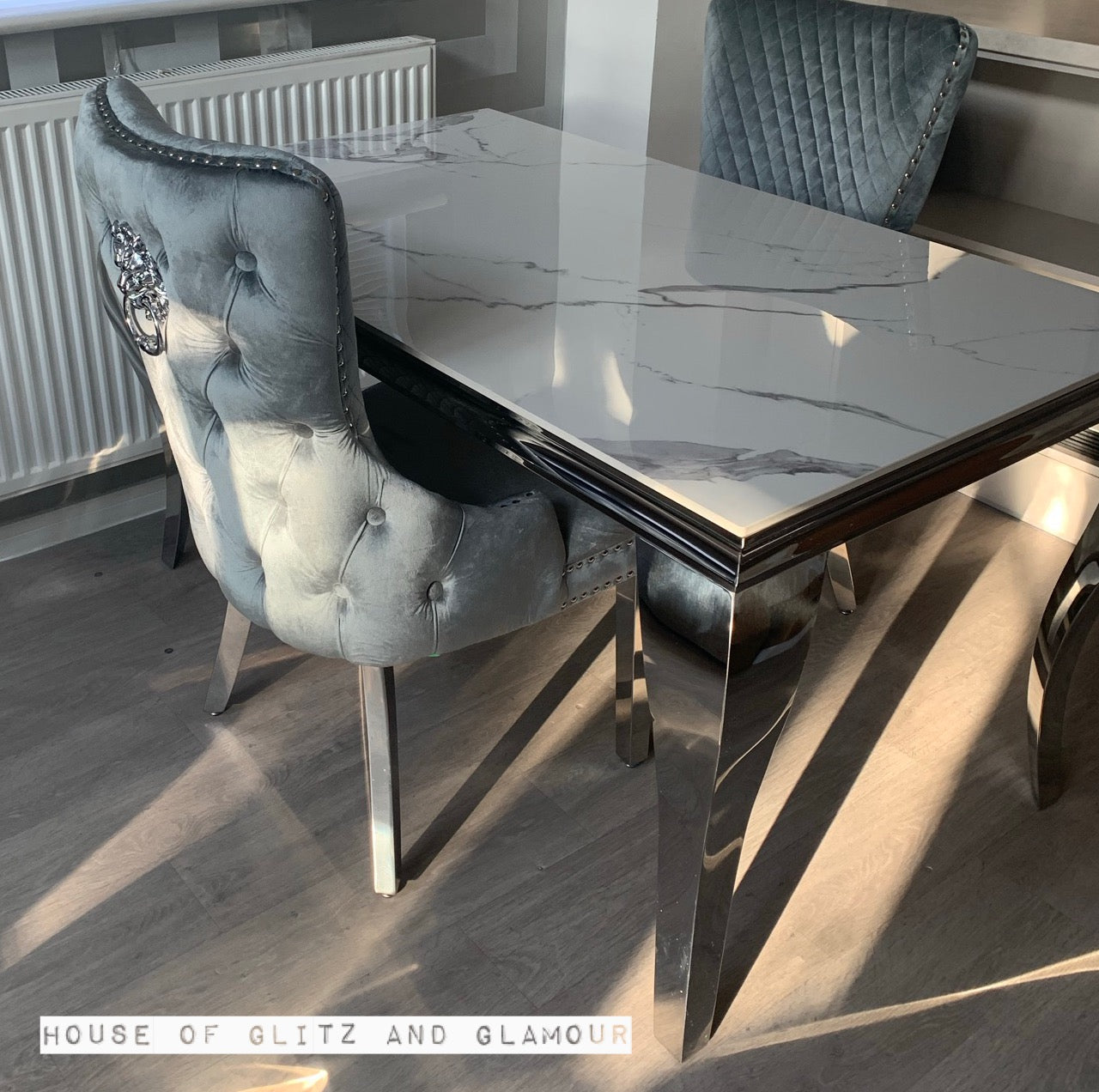 Louis Ice White And Silver Dining Table With Chrome Legs And Sintered Top