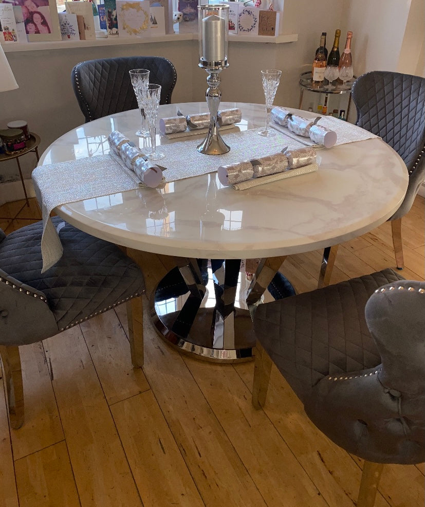 Winsor Round 1.3m White Marble Top With Stainless Steel Base Dining Table