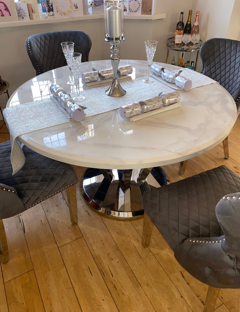 Winsor Round 1.3m White Marble Top With Stainless Steel Base Dining Table