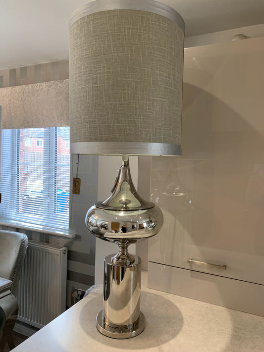 Extra Large Chrome Statement Table Lamp with A Grey Linen Effect Shade