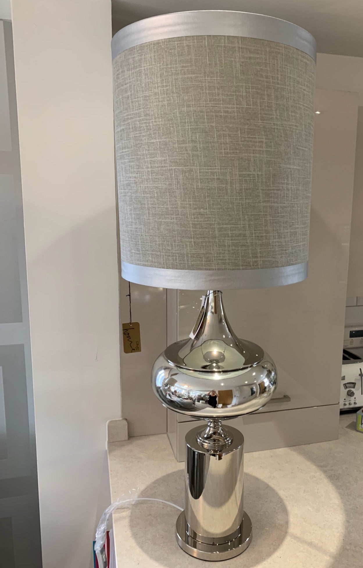 Extra Large Chrome Statement Table Lamp with A Grey Linen Effect Shade