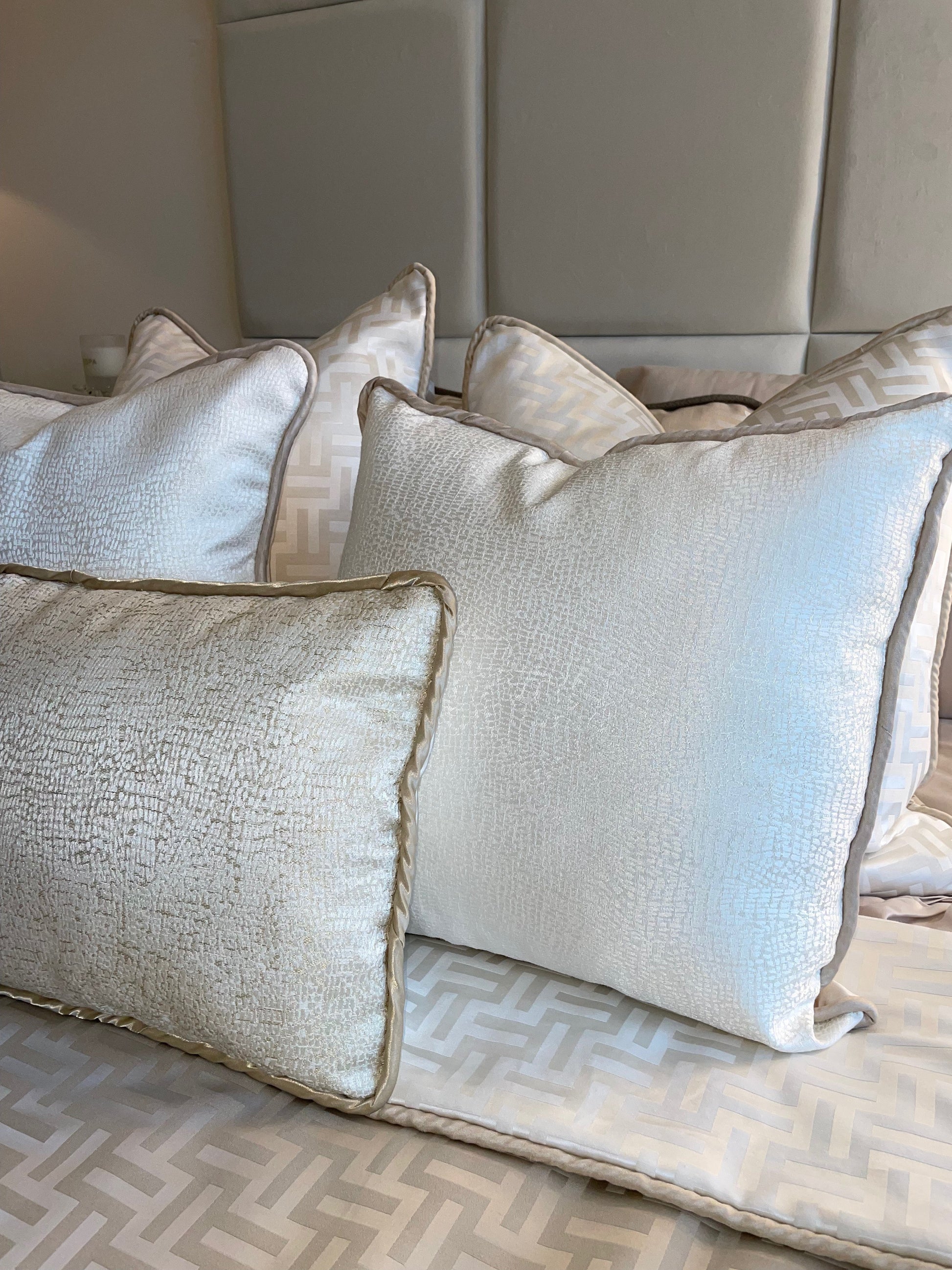 Different sizes of Rome Cushion in Beige, Ivory or Silver.