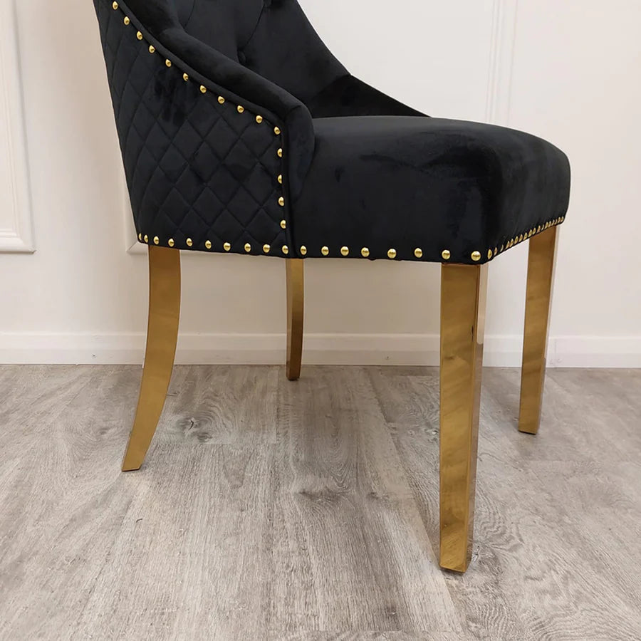Chelsea Black With Gold Legs Quilted French Velvet Lion Head Knocker Back Dining Chair