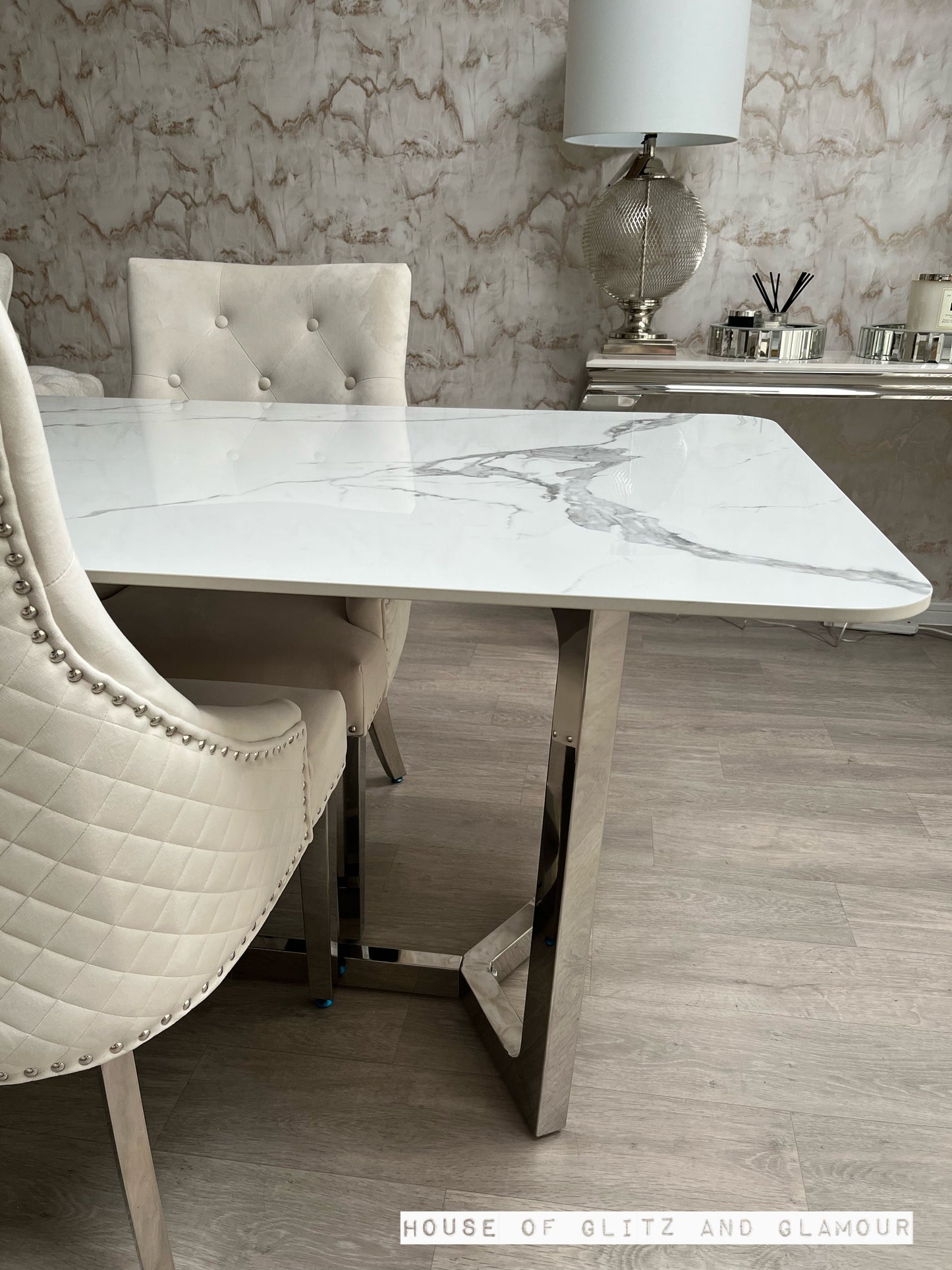 Luca 1.6 Chrome Dining Table with Ice White Sintered Stone Top