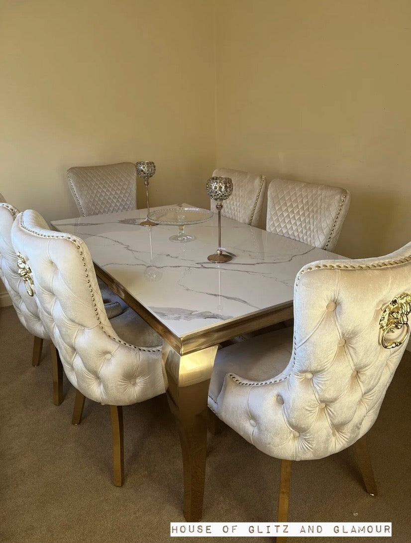 Louis Ice White And Grey Dining Table With Gold Legs Sintered  Top + 4 Cream Giselle Dining Chairs