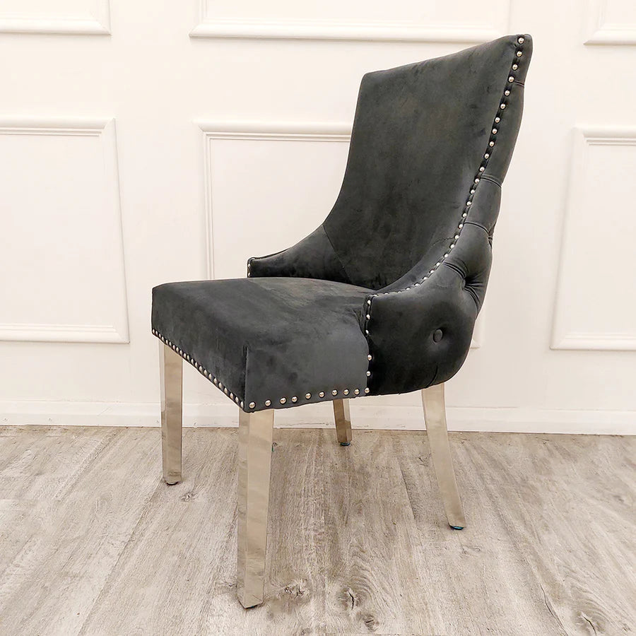 Bentley Dark Grey Velvet Studded Back Chrome Leg Dining Chair