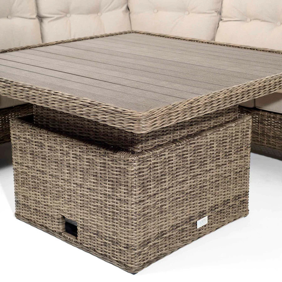 Kensington Brown Rattan Corner Sofa Garden Set With Rising Coffee To Dining Table