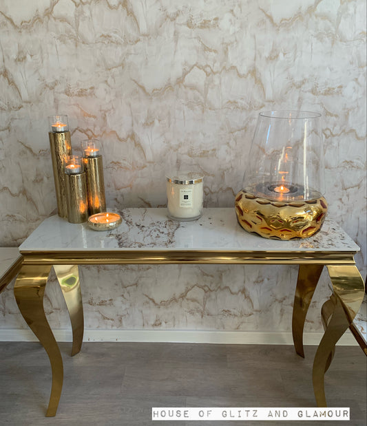 Louis Cream Console Table With Gold Legs And Sintered Pandora Top 120cm x 40cm x 75cm