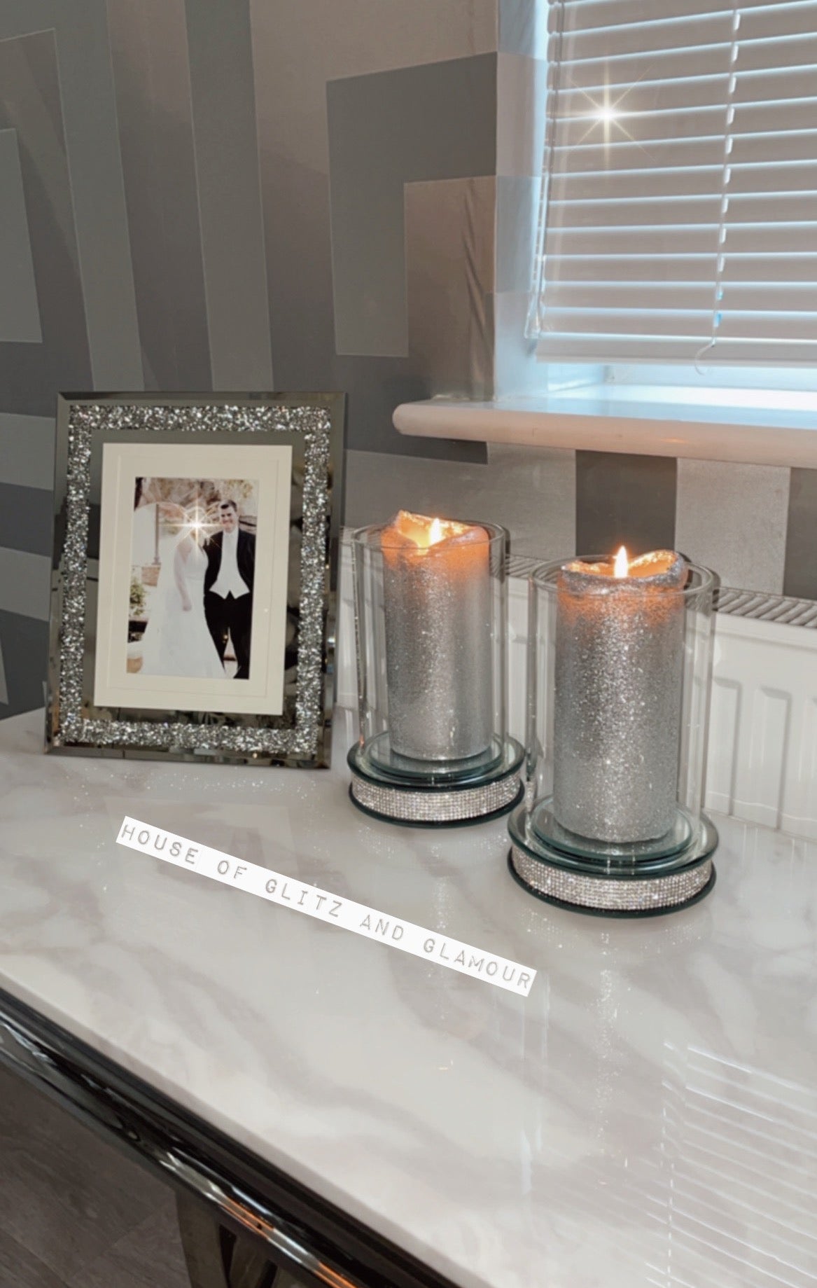 2 x Medium Glitter Base Hurricane Pillar Candle Holder