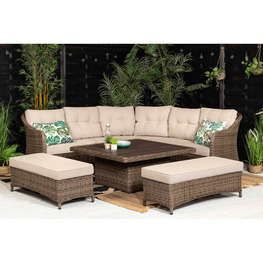 Kensington Brown Rattan Corner Sofa Garden Set With Rising Coffee To Dining Table