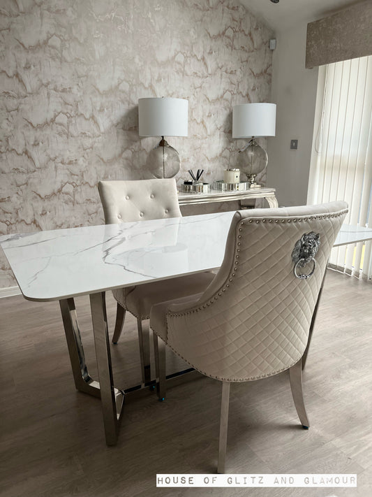 Luca 1.6 Chrome Dining Table with Ice White Sintered With 2 Ivory Chelsea Dining Chairs Stone Top