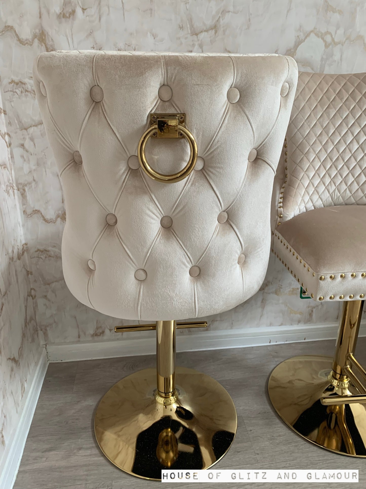 Giselle Cream Gold Velvet Ring Knocker Bar Stool