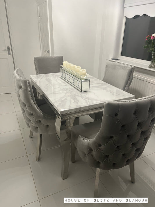 1.2m Louis White & Grey Marble & Stainless Steel Dining Table With 4 Bentley Dining Chairs