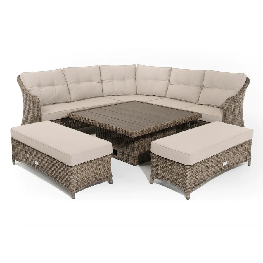 Kensington Brown Rattan Corner Sofa Garden Set With Rising Coffee To Dining Table