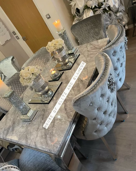 Louis 1.6m Grey Marble Dining Table + 6 Tufted  Winged Knocker Back Chairs