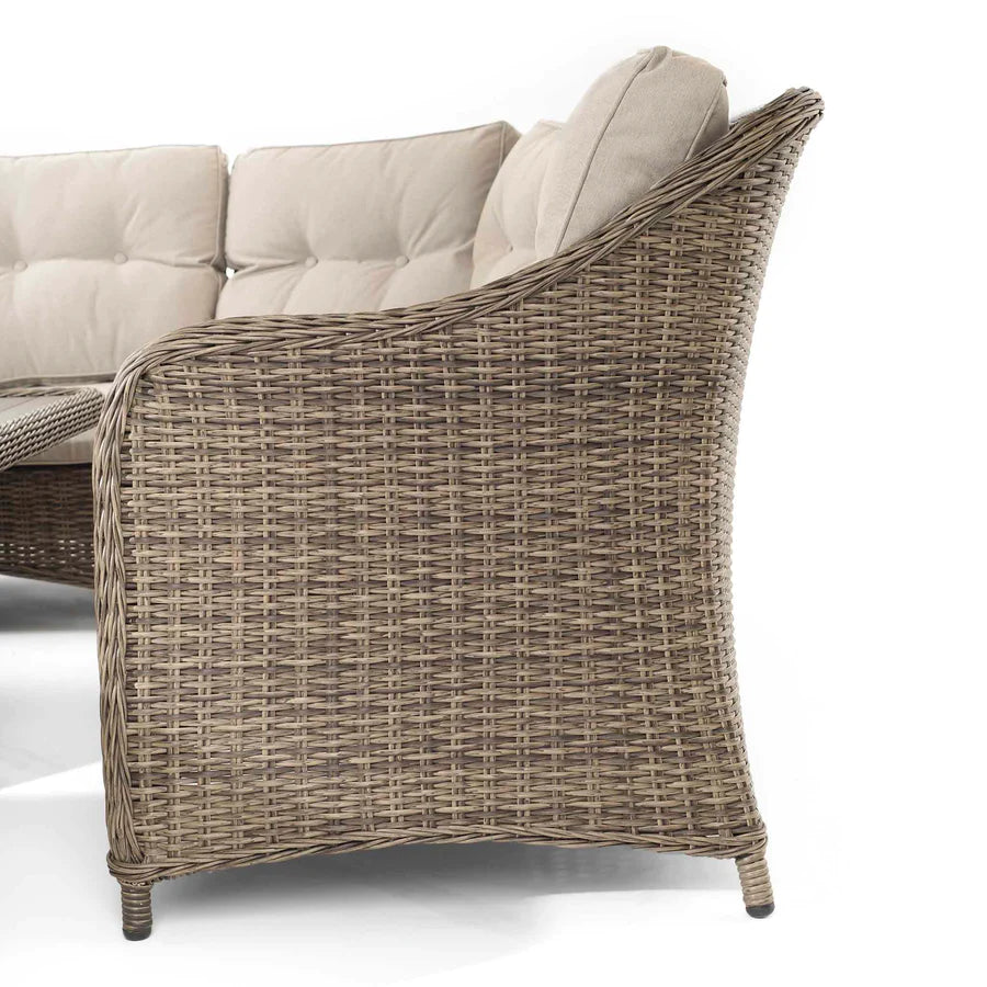 Kensington Brown Rattan Corner Sofa Garden Set With Rising Coffee To Dining Table